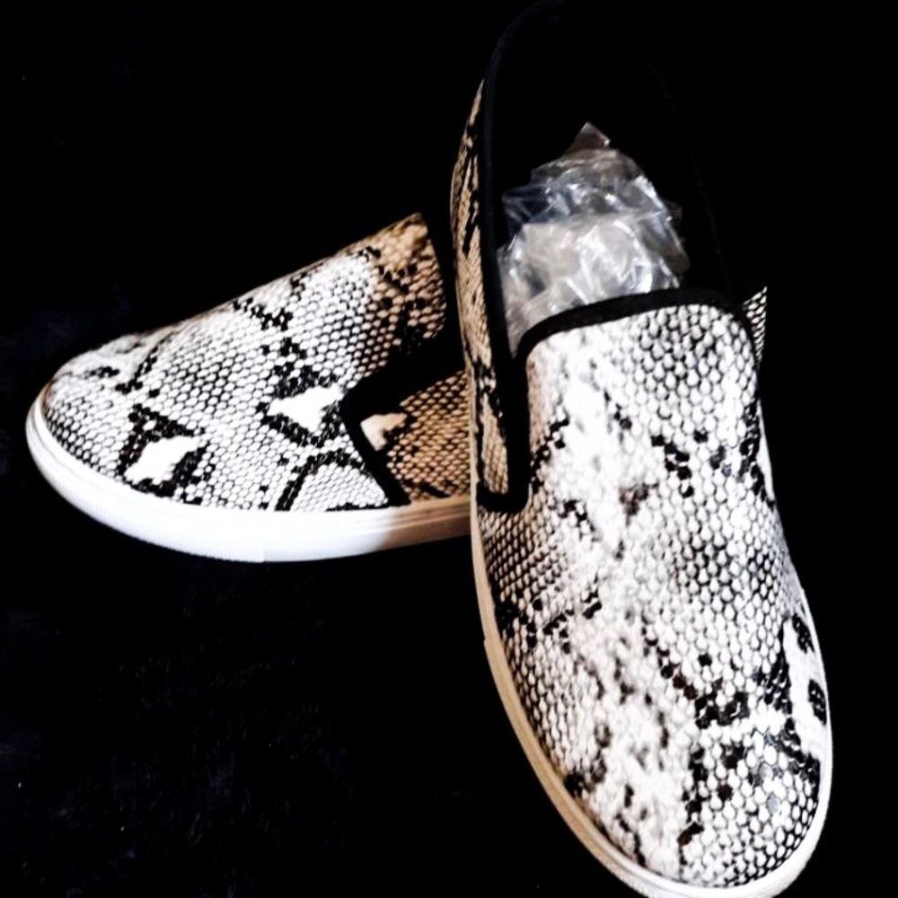 Snake print slip ons